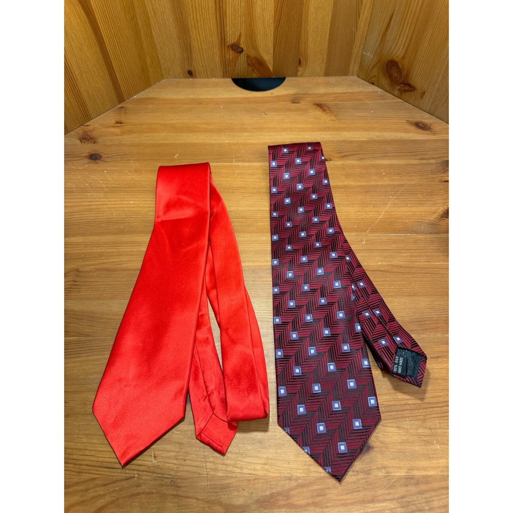 Lot of 2 Mens Silk Neckties Solid Red Satin and Burgundy Geometric Pattern Tie